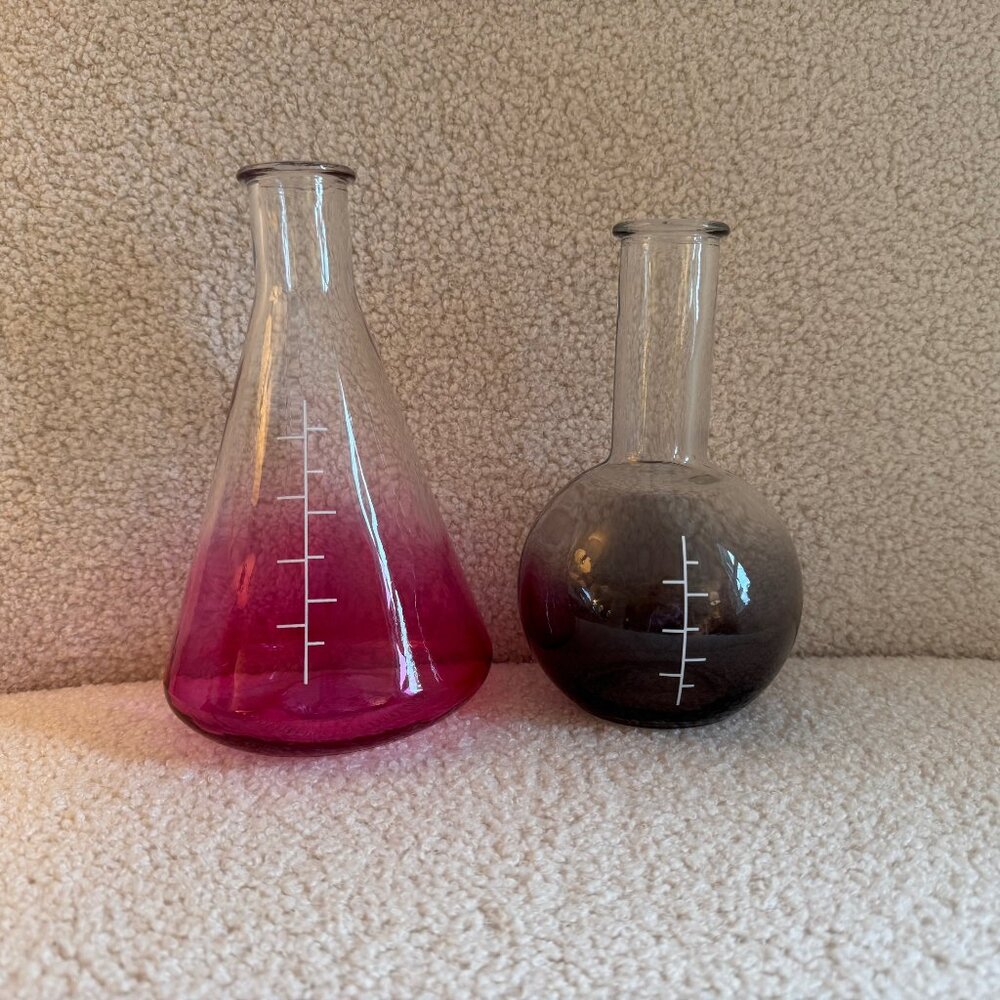 Set of 2 Halloween Glass Pink & Black Beaker Bottles